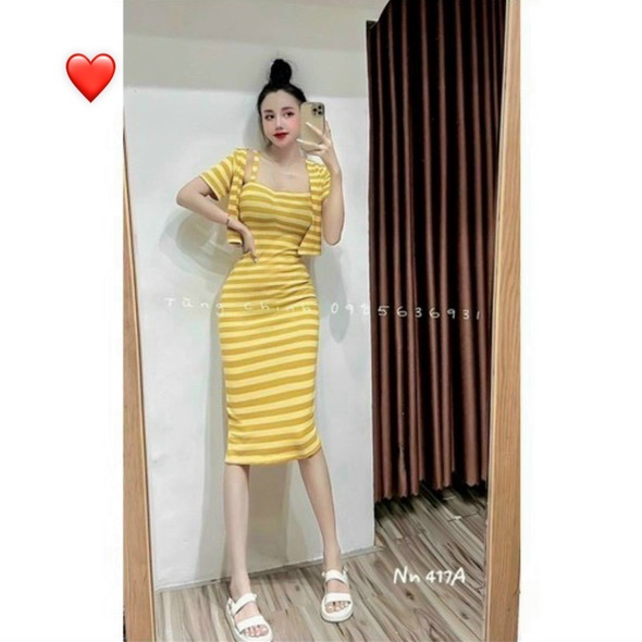 set đầm 2 dây sọc màu sắc kèm áo khoác tay ngắn cùng màu kiểu cực đẹp