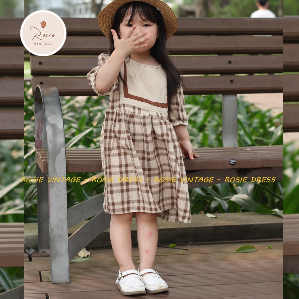 Váy kẻ phối ROSIE V25, chất vải mềm thoáng mát cho bé gái từ 9 - 36kg