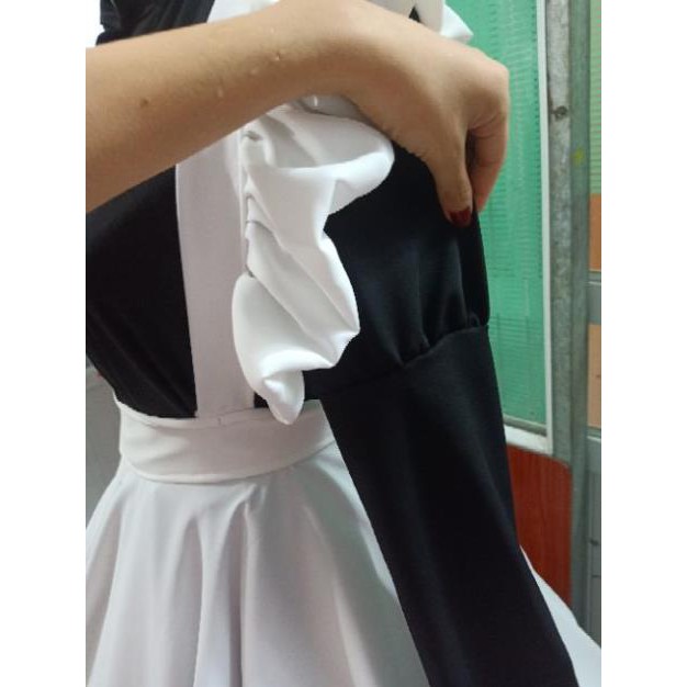 trang phục váy hầu gái dáng dài tay dài đen trắng  ྇
