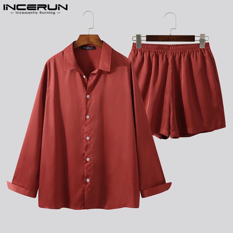 xả tết Set đồ ngủ pyjamas INCERUN từ lụa satin thoải mái thiết kế tay dài quần ngắn dành cho nam