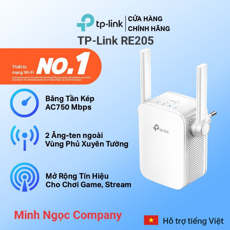 Bộ mở rộng sóng Wifi TP-Link RE205 băng tần kép chuẩn AC750Mbps - Hàng Chính Hãng