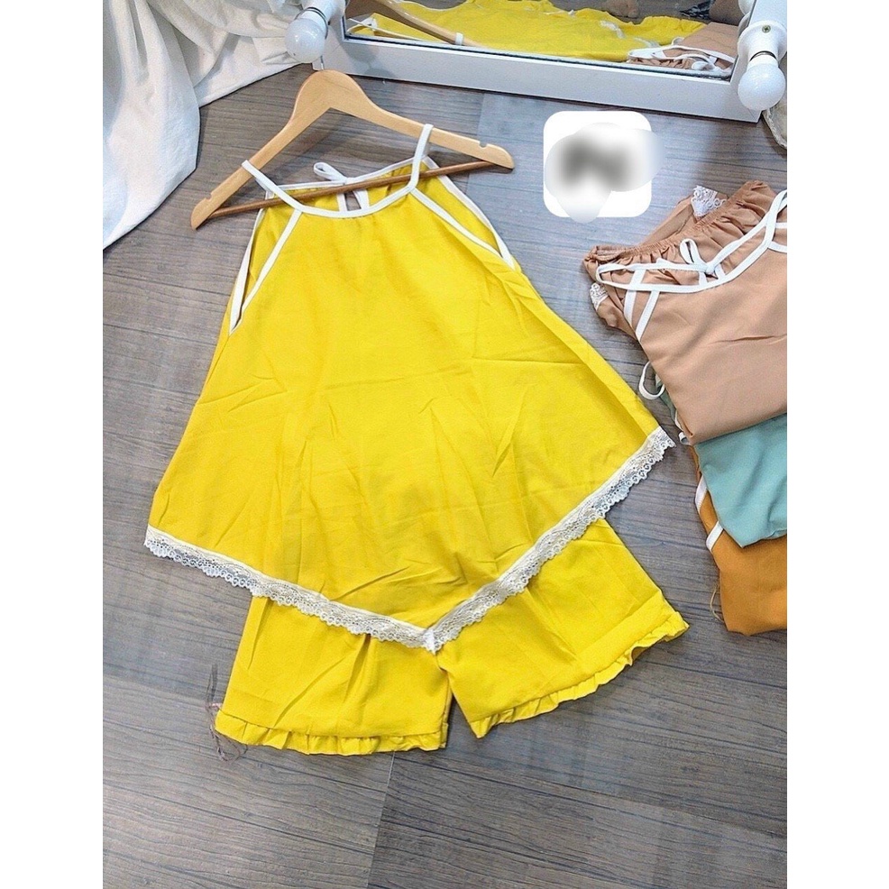 Set Bộ Ngắn Cổ Yếm Chất Vải Lụa Hàn Mềm Mịn Êm Ái Thiết Kế Xinh Xắn Freesize Dưới 58kg Nguyên Khánh Store