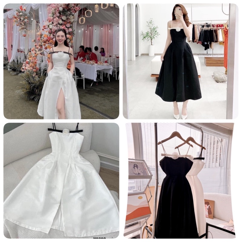 ĐẦM MIDI 2S PHỐI NGANG XẺ ĐÙI KÈM HOA