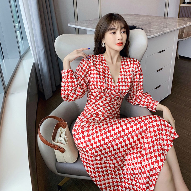 IELGY Đầm Dài Dáng Chữ A Cổ Chữ V Họa Tiết Sọc Caro Phong Cách Cổ Điển Thời Trang Cho Nữ