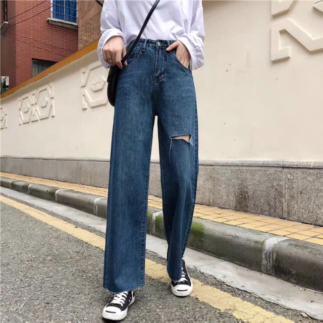 Quần momjeans baggy đậm rách bên kèm ảnh thật ulzzang