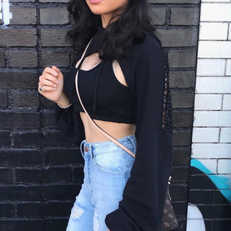 Xiangbao Áo Hoodie Croptop Lưới Tay Dài Cắt Xẻ Phối Màu Tương Phản Có Dây Rút Cho Nữ
