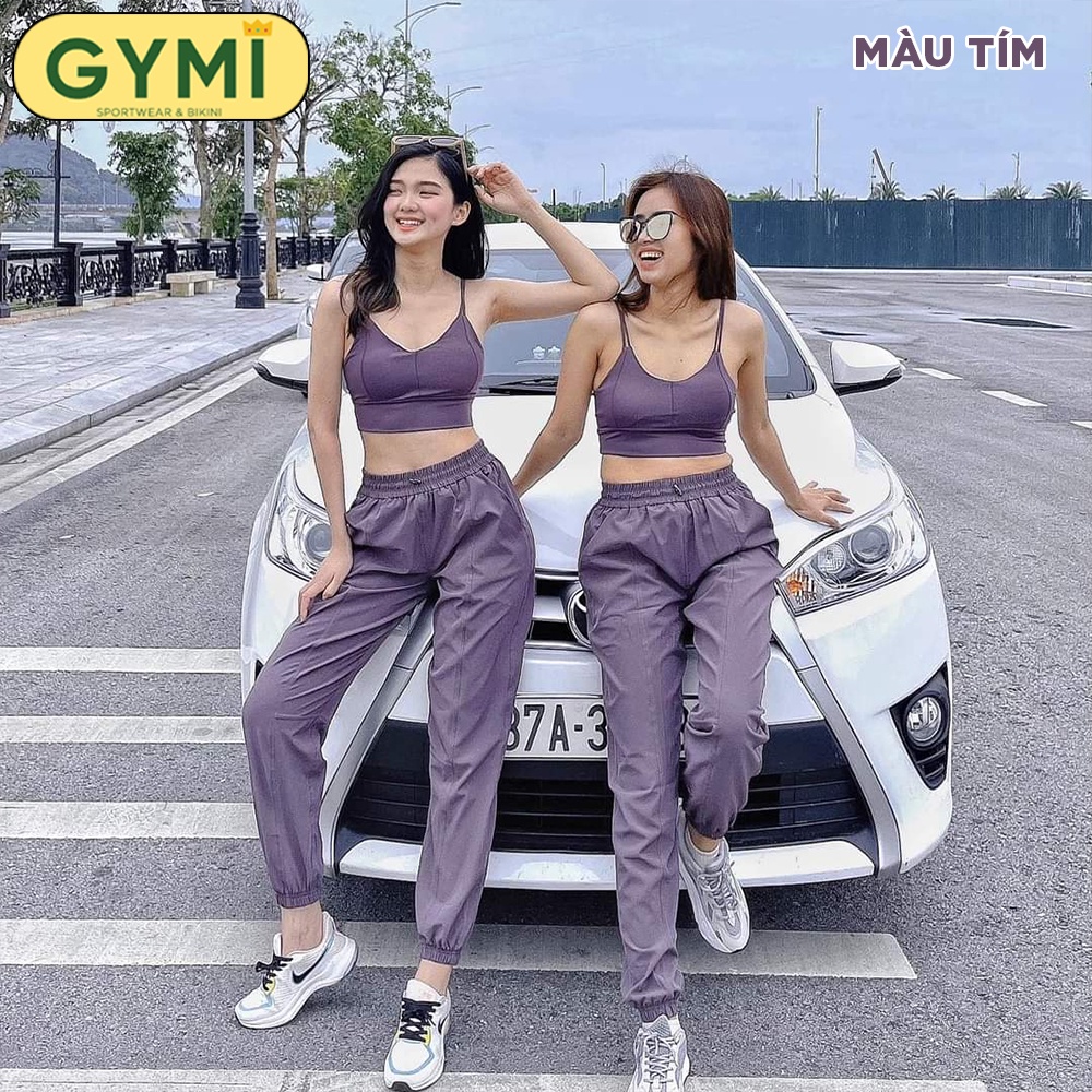 Set bộ đồ tập gym yoga nữ GYMI SET14 gồm áo bra hai dây thun lạnh và quần jogger gió giấy thể thao