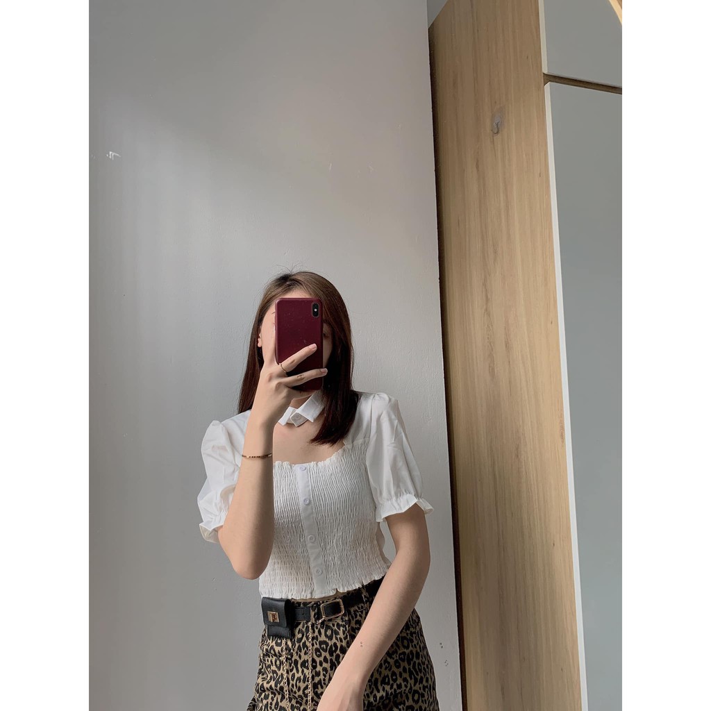 Áo kiểu chun cổ nơ tay bồng