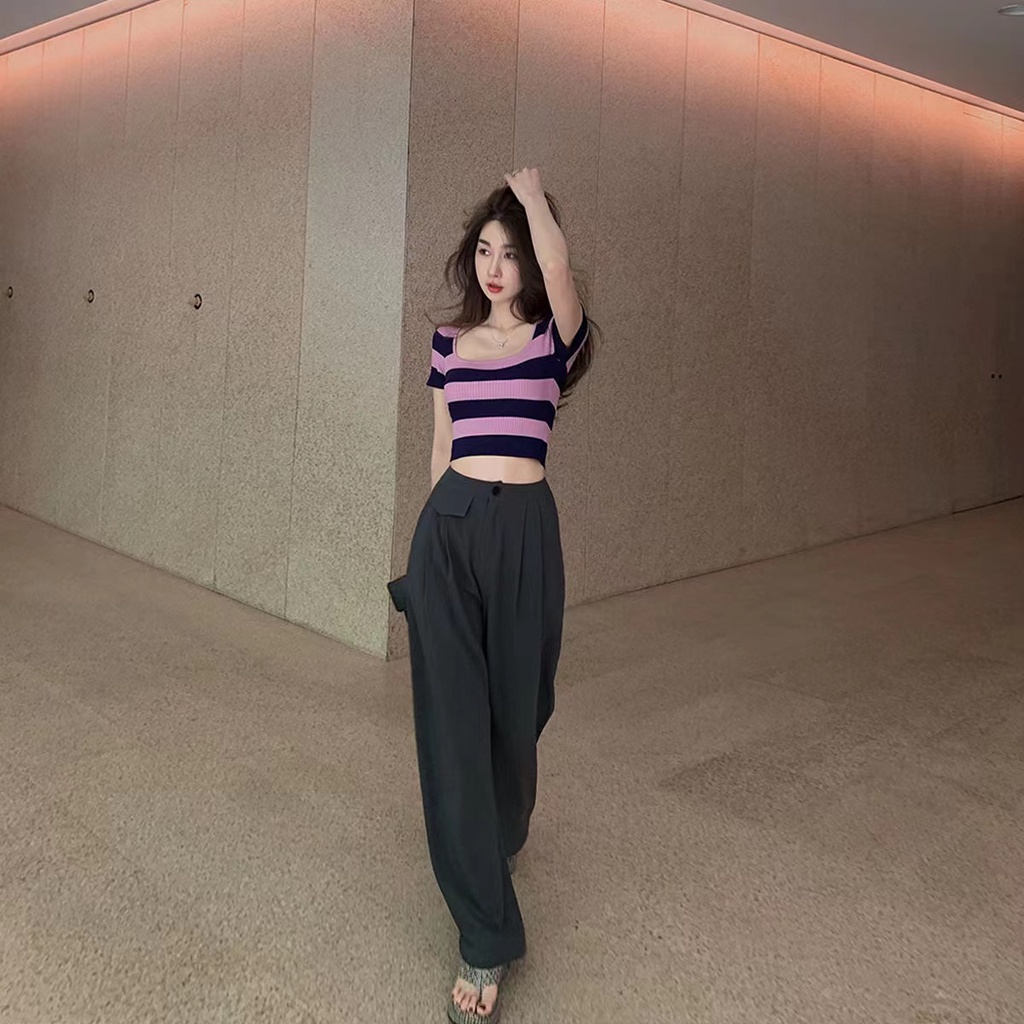 Áo len thun Croptop DỆT KIM Cổ Vuông Tay Ngắn Thời Trang Mùa Hè Quyến Rũ Cho Nữ