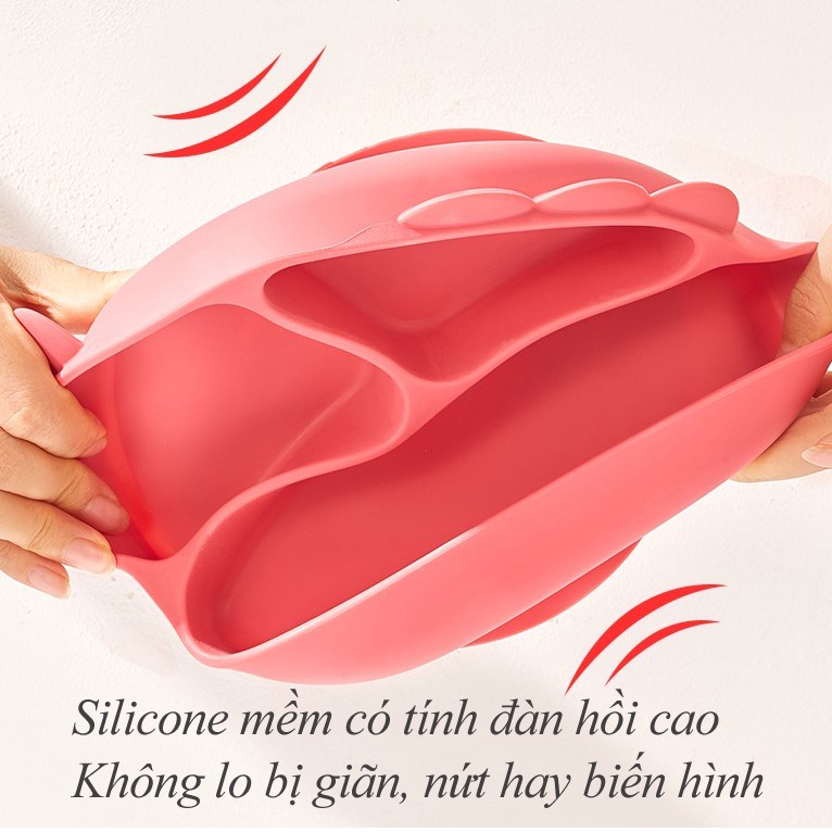 Khay ăn dặm Silicone Beedol cao cấp cho bé có đế hút chân không chống đổ, tặng kèm vòi hút