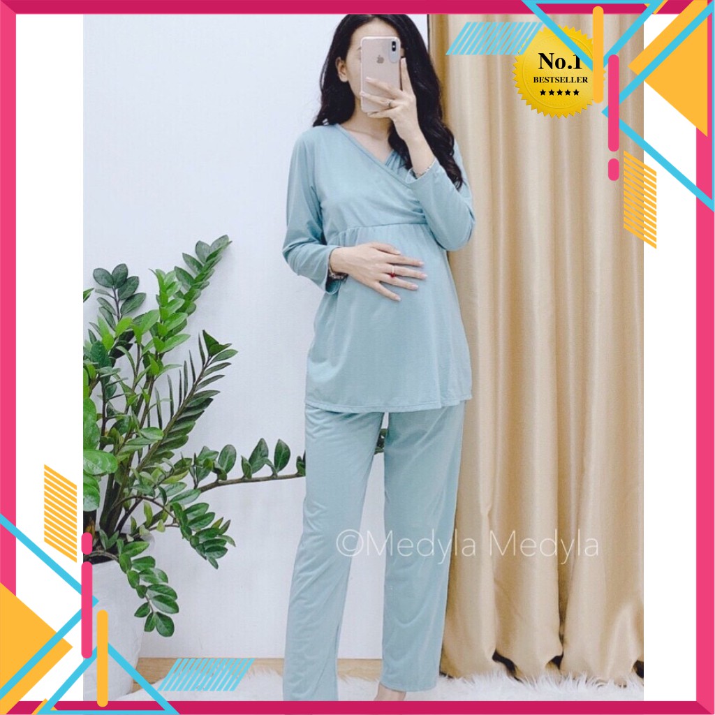 Bộ Đồ Bầu Sau Sinh Cotton Dài Tay Vạt Chéo Cho Con Bú, Cao Cấp