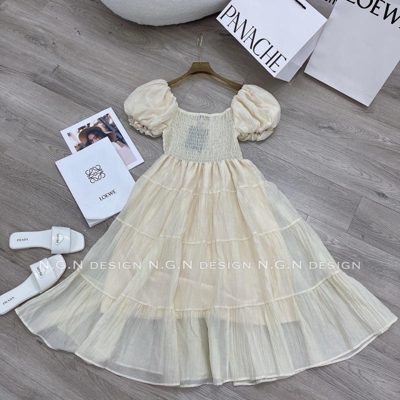 Váy maxi chun ngực tay bồng