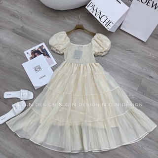 Váy maxi chun ngực tay bồng