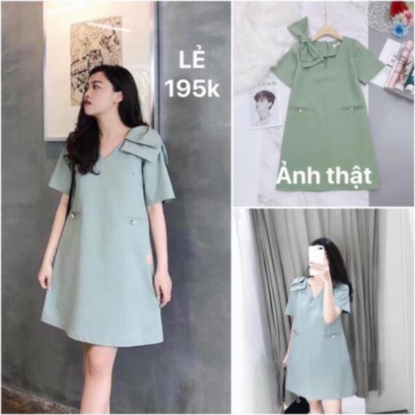 Bán sỉ Đầm suông xanh ngọc thiết kế kèm nơ🎀bầu bí bon chen🎀 sll giá tốt