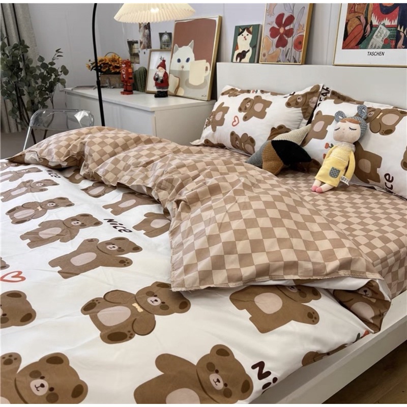 Bộ Chăn Ga Gối Gấu Nâu Nice  Bộ 5 Món Cotton 3D Poly Mềm Mịn Mát Màu Sắc Dễ Thương Tặng Kèm Vỏ Gối Ôm Cùng Bộ