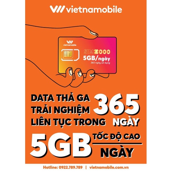 Sim 4G Vietnammobile 5G/ngày miễn phí 12 tháng không cần nạp thêm tiền