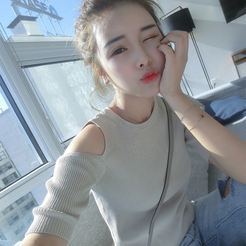 Áo dệt kim IELGY tay ngắn hở vai eo cao hợp thời trang