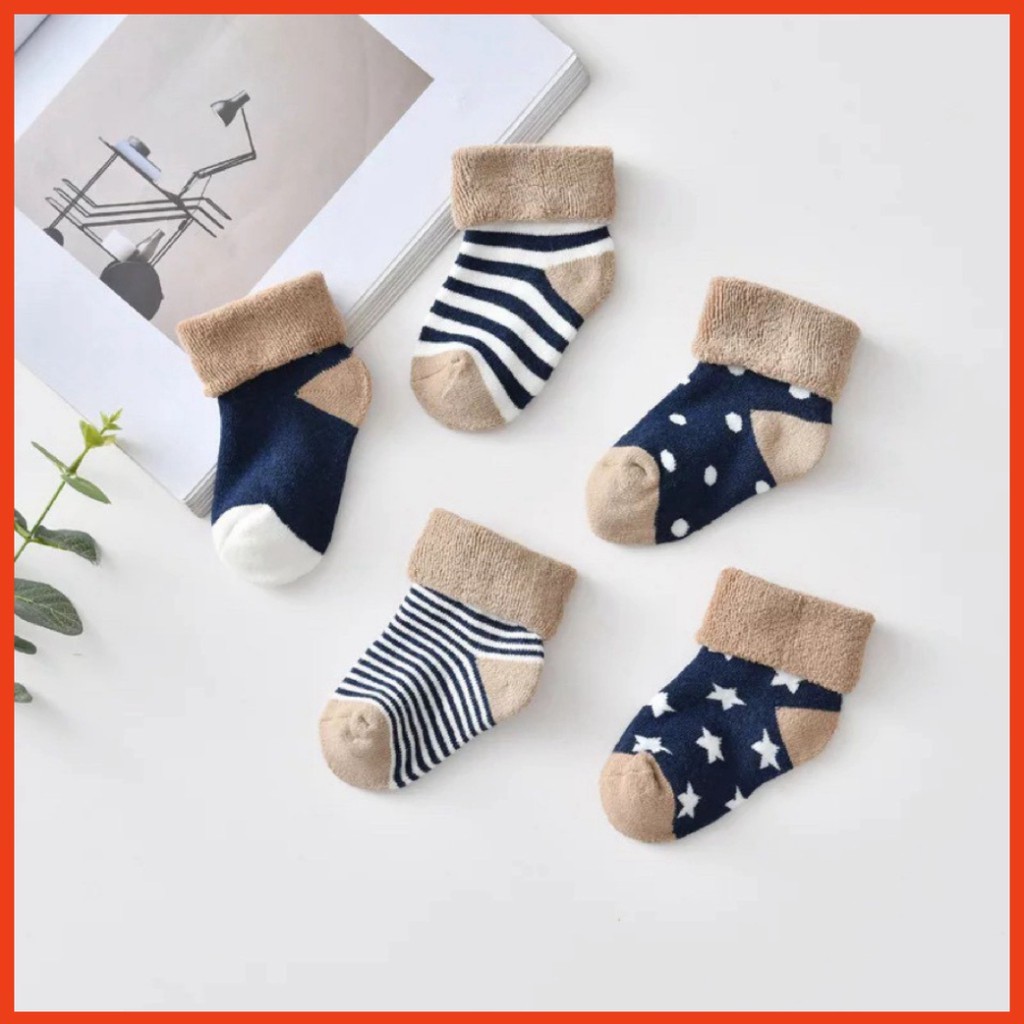 Set 5 Đôi Tất Cổ Cao Thu Đông Loại Dày In Hình Cho Bé Từ 0-3 Tuổi