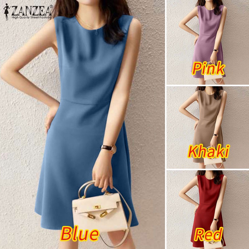 Zanzea Đầm Midi Không Tay Cổ Tròn Thời Trang Vintage Cho Nữ