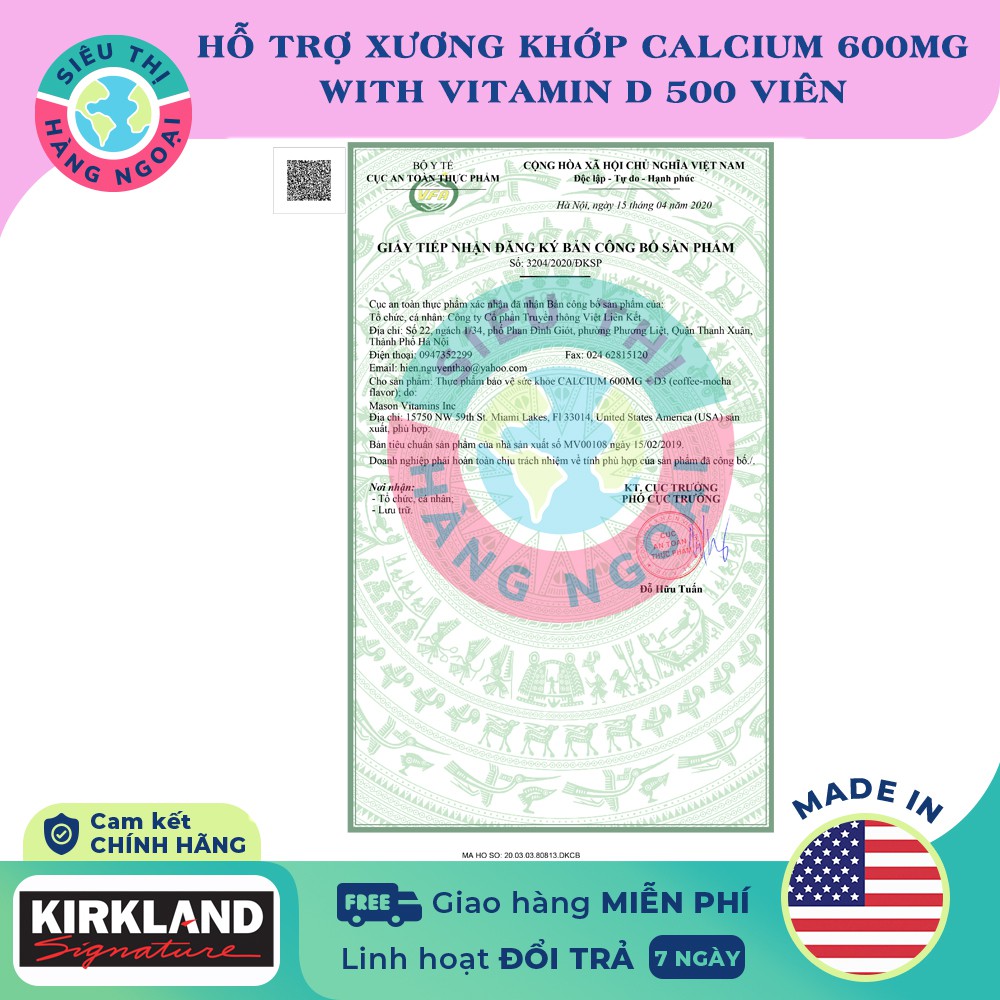 Viên uống bổ sung Canxi Kirkland Calcium 600mg+d3 500 Viên