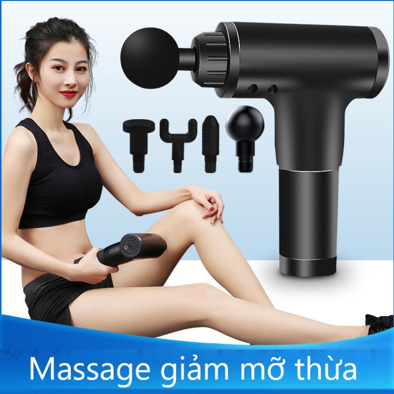 Máy masage cầm tay fascial gun 4 đầu 6 chế độ - súng matxa cầm tay trị nhức mỏi vai gáy, đau giãn cơ