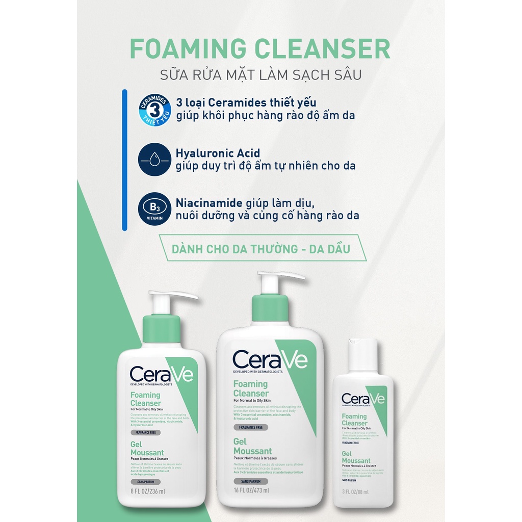 Sữa rửa mặt CeraVe dành cho da thường và da dầu CeraVe Foaming Facial Cleanser 88ml, 236ml, 473ml