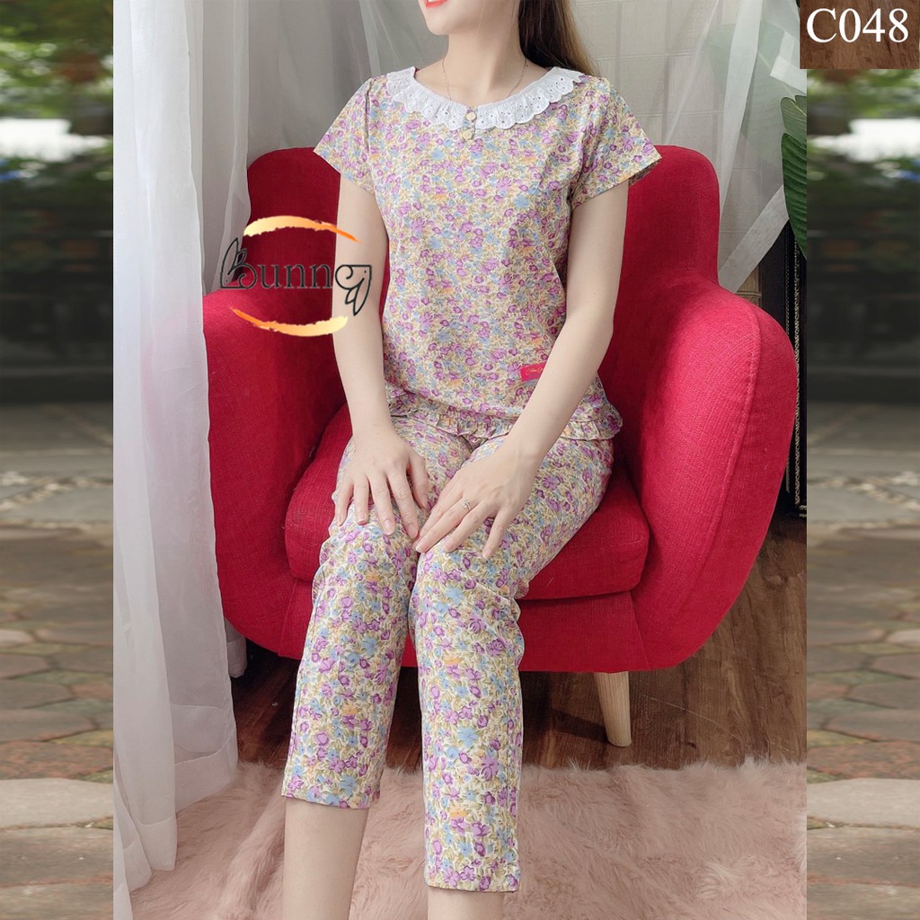 [BunnySky] ĐỒ BỘ NỮ MẶC Ở NHÀ, QUẦN ÁO NỮ QUẦN DÀI TAY CỘC HỌA TIẾT HOA LÁ
