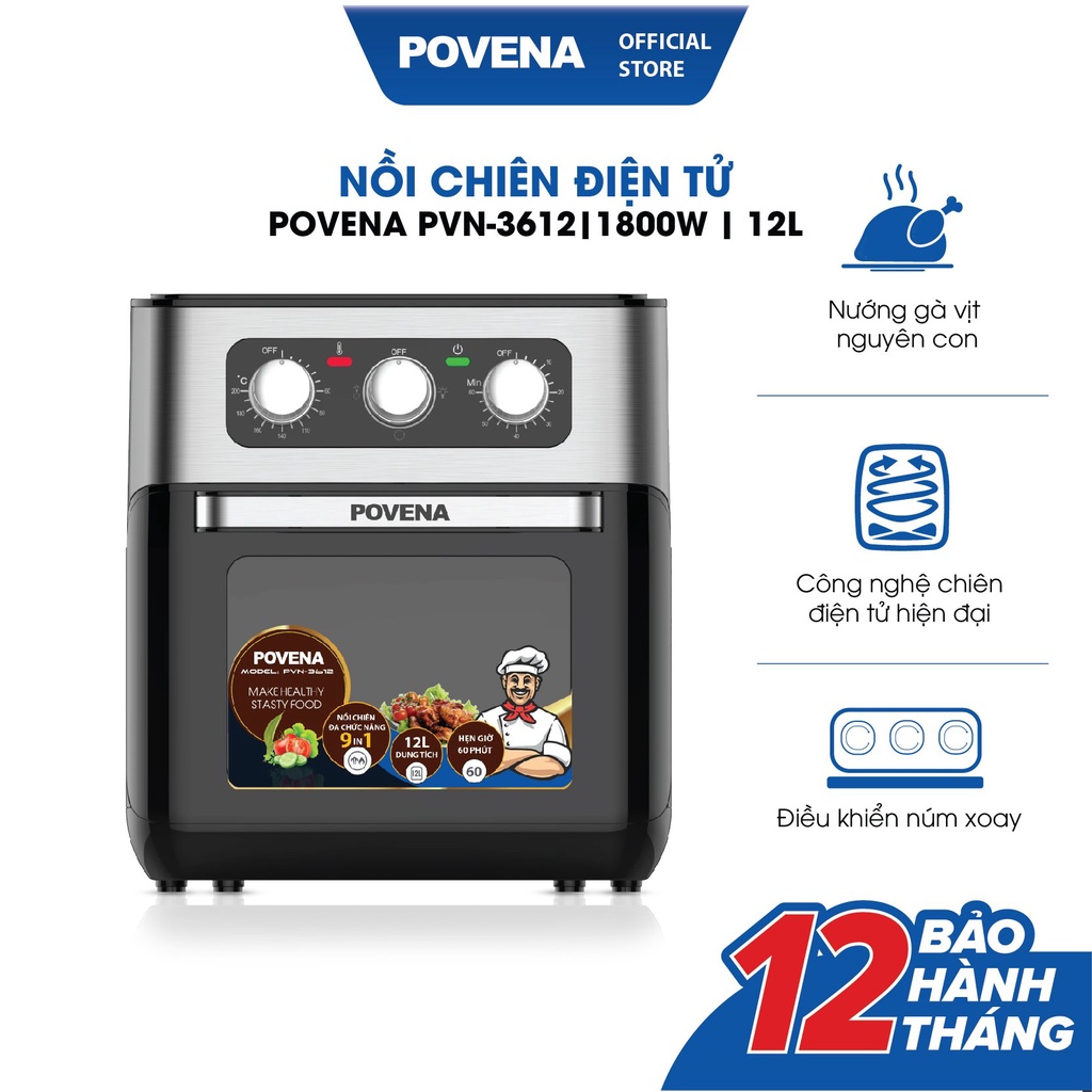 [Mã BMBAU300 giảm 10% đơn 499K] Nồi Chiên Không Dầu POVENA 12L 1800W PVN-3612