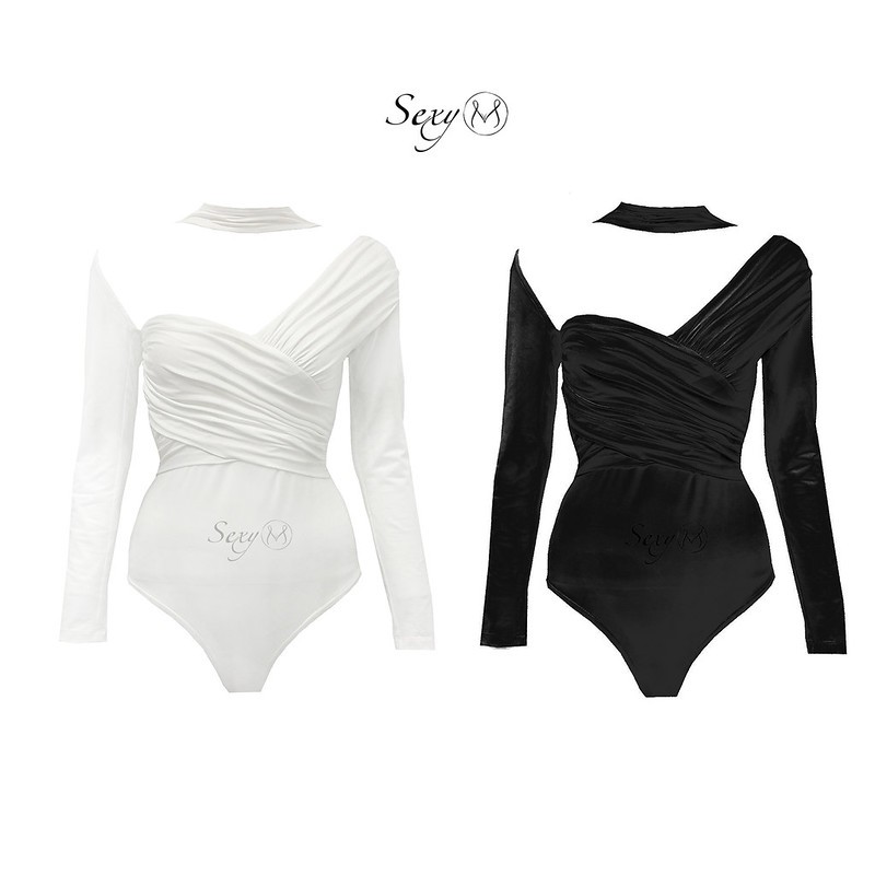 Sexy M Bộ Liền Bodysuit Vắt Dúm Dây Đeo Cổ 2 Màu Trắng Đen S050