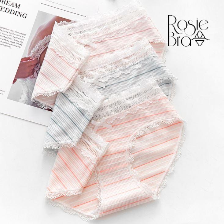 Quần Lót Cotton Mềm Sọc Ngang Phối Ren Phong Cách Nhật Bản P306