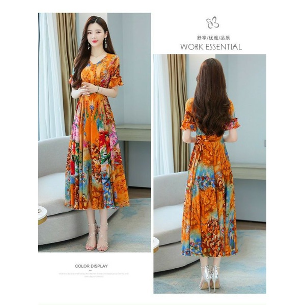 Hàng nhập - Đầm maxi dáng xòe voan in hoa lớn sang trọng, váy dự tiệc cổ tim tay ngắn có bigsize