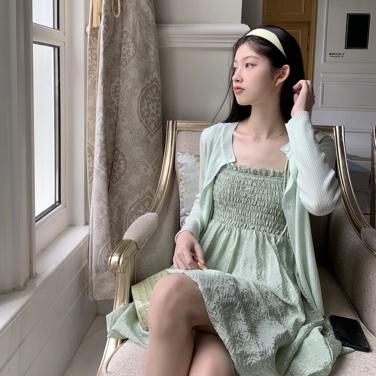 V001 Váy hai dây thắt nơ chun ngực viền bèo Ulzzang dáng xòe xinh xắn đầm voan mềm  Hàn Quốc cá tính phong cách | BigBuy360 - bigbuy360.vn