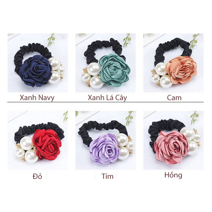 Dây Buộc Tóc vải Handmade Nữ Hàn Quốc Dễ Thương đính ngọc trai, hoa hồng - Phụ kiện, đồ buộc tóc đuôi ngựa
