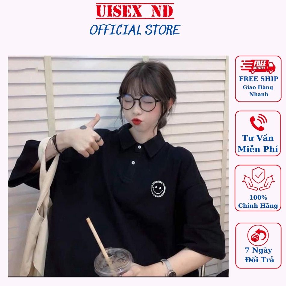 Áo Polo form rộng nam nữ in hình mặt cười, kiểu dáng unisex oversize, phong cách thời thượng, chất cotton cao cấp