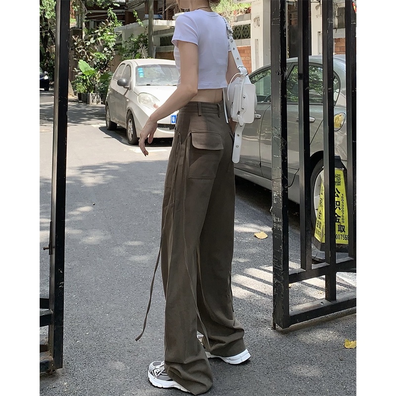 QADCOL Quần ống rộng Lưng Cao Dây Rút Phong Cách Retro Cho Nữ