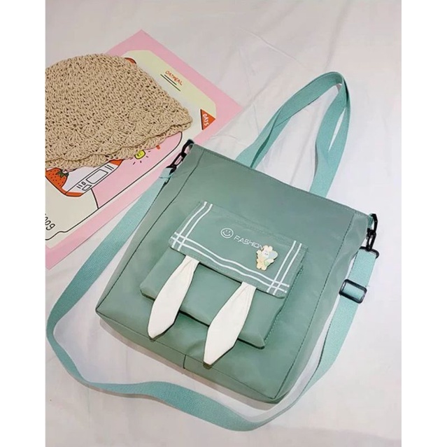 Túi vải tai thỏ có khóa kéo và lớp lót, vải siêu nhẹ, may kỹ, có dây đeo chéo, mã 610