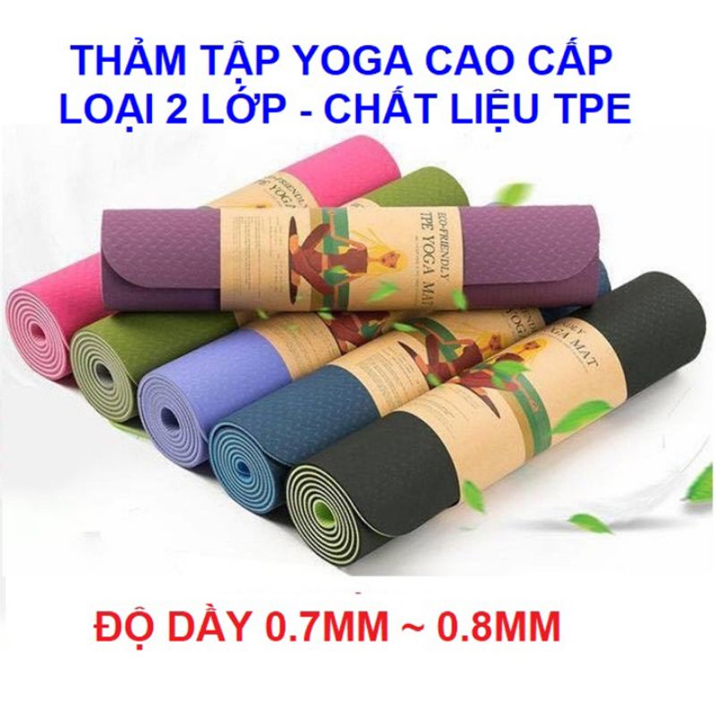 Thảm yoga cao cấp TPE 2 lớp dày, thảm chống trượt + Tặng kèm túi đựng