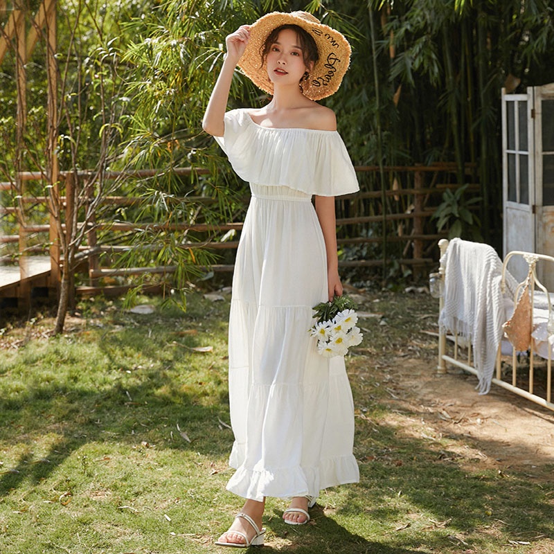 IELGYĐầm Dài Hở Vai Màu Trơn Đơn Giản Thời Trang Dành Cho Nữ