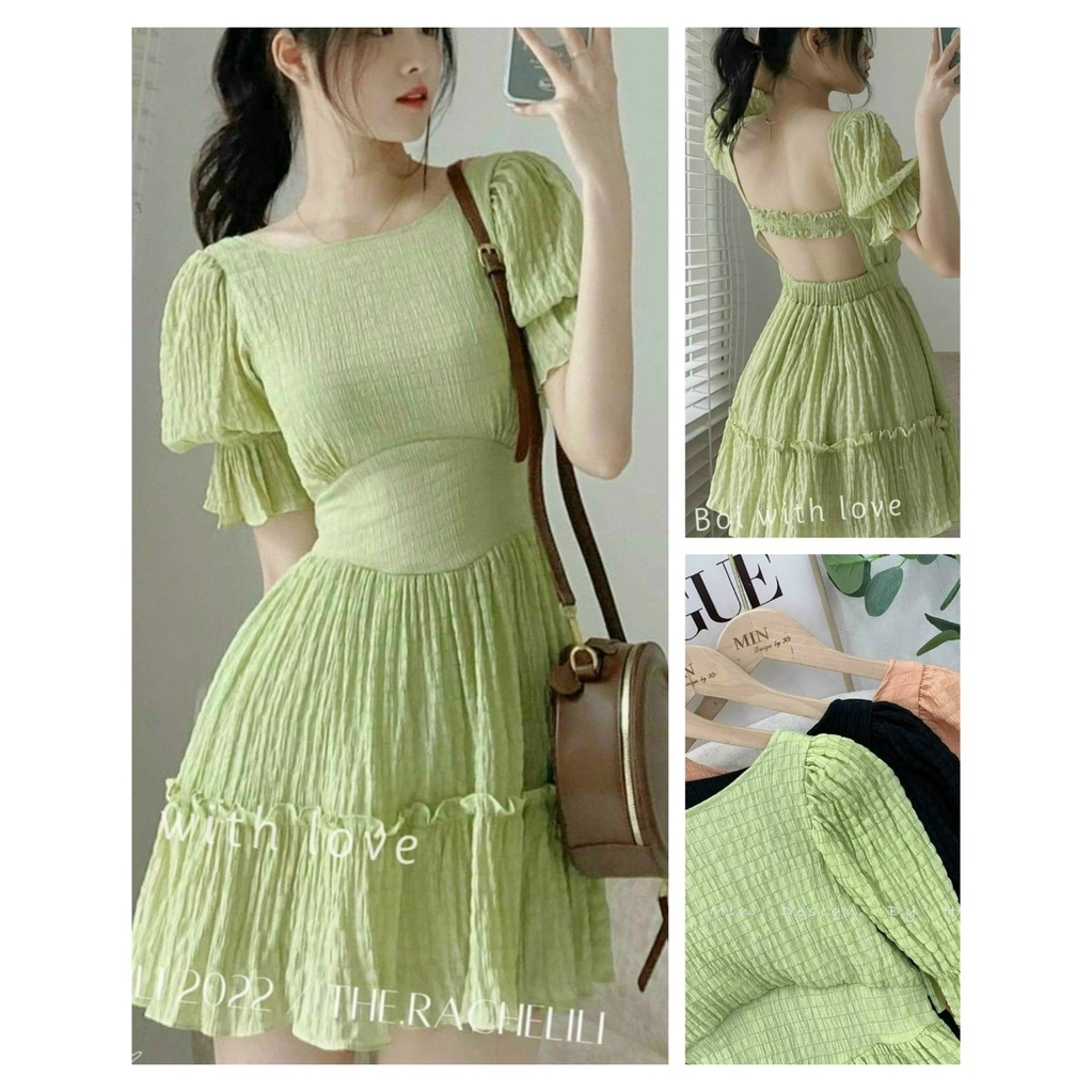 TTL Đầm maxi đi biển xanh bơ hở lưng tay phồng moking viền bèo ngắn xòe chất xốp chỉ sexy gợi cảm