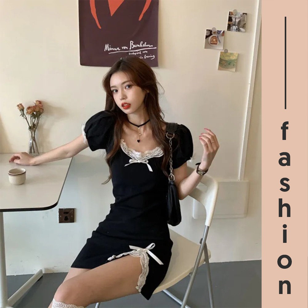 Váy Nhung Đen Huyền Bí Ôm Body Xẻ Tà/ Đầm Cổ Vuông Dài Tay Dáng Ngắn Cổ Điển Sexy V00082 | BigBuy360 - bigbuy360.vn