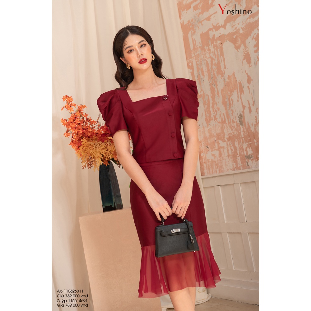 Set Áo Sơ Mi Kèm Chân Váy YOSHINO Croptop Cổ Vuông Đính Hàng Cúc Bọc Tay Xếp Bồng Đi Bộ Zuyp Đuôi Cá 110626311