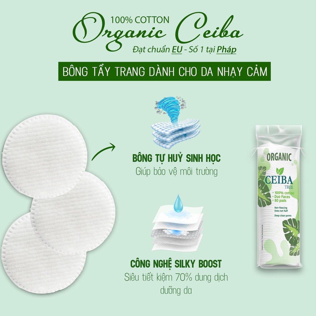 BÔNG TẨY TRANG 100% ORGANIC CEIBA Đạt chuẩn Châu Ấu - Số 1 tại Pháp