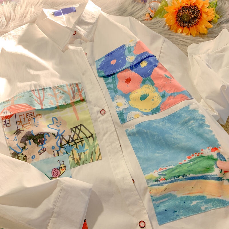 Áo sơ mi tay dài dáng rộng in họa tiết hoa thời trang mùa thu cho nữ