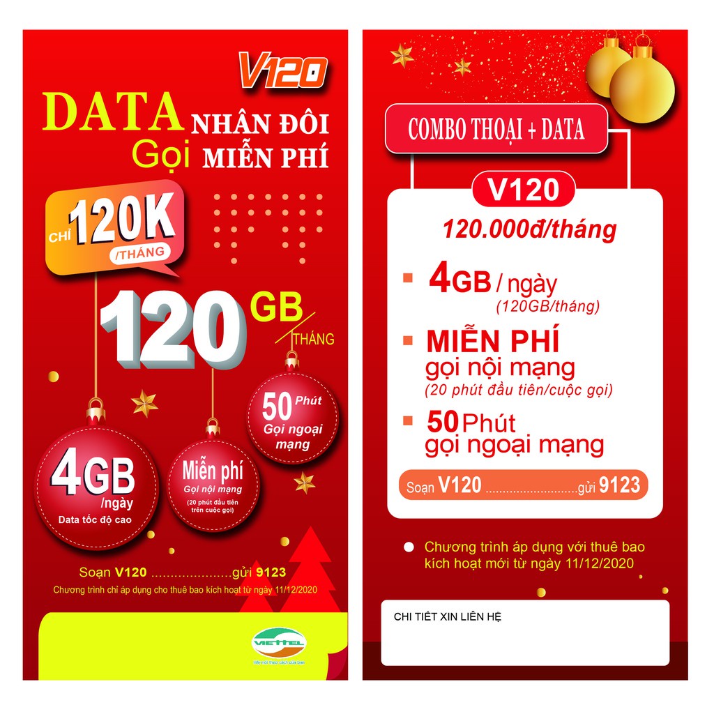 Sim Viettel 4G có sẳn gói V120Z 4GB/Ngày, gọi nội mạng miễn phí, 50 phút ngoại mạng, chỉ 90k/tháng