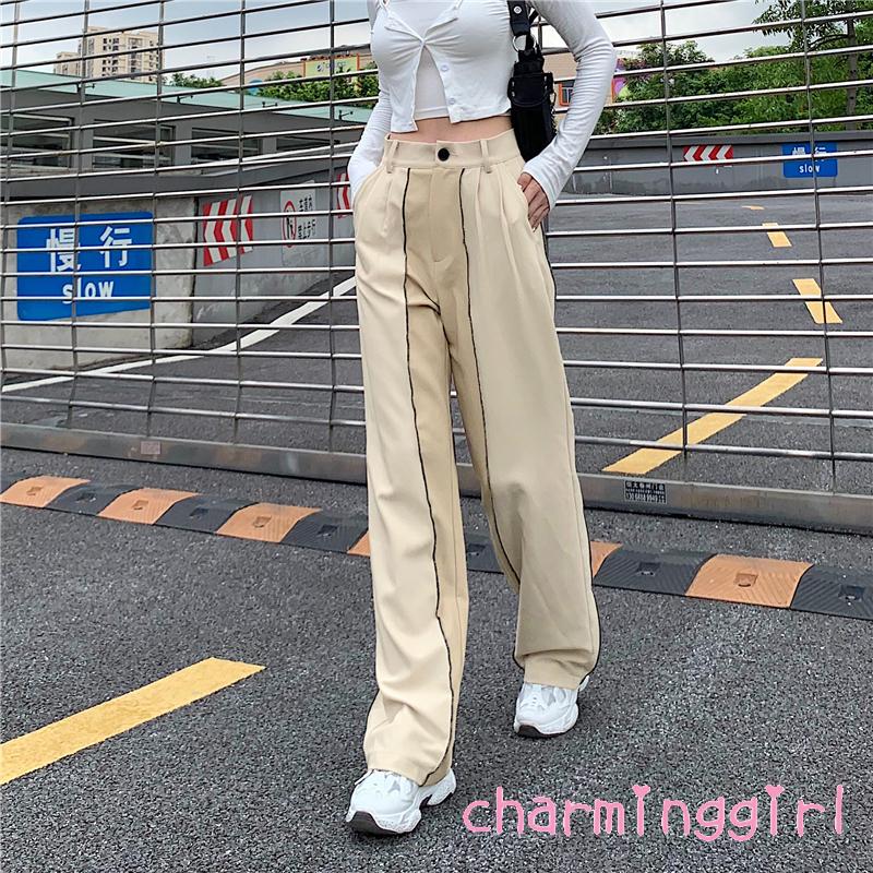 Quần dài ống suông rộng lưng cao họa tiết kẻ sọc dành cho nữ | BigBuy360 - bigbuy360.vn