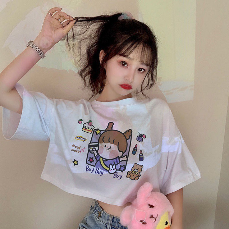 Áo thun croptop tay lỡ 3 màu Hoạt Hình So Cute áo thun nữ tay lỡ basic croptop mùa hè năng động
