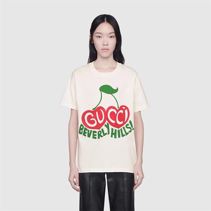 Áo Thun Cotton Ngắn Tay Cổ Tròn In Logo Gucci Và Quả Cherry Thời Trang Cho Nữ