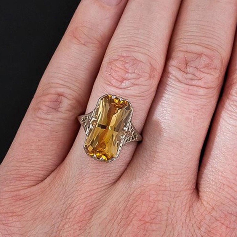 Ring Baguette Emerald Cut Lemon Yellow Citrine Retro Hollow Diamond Jewelry Birthday Proposal Gift