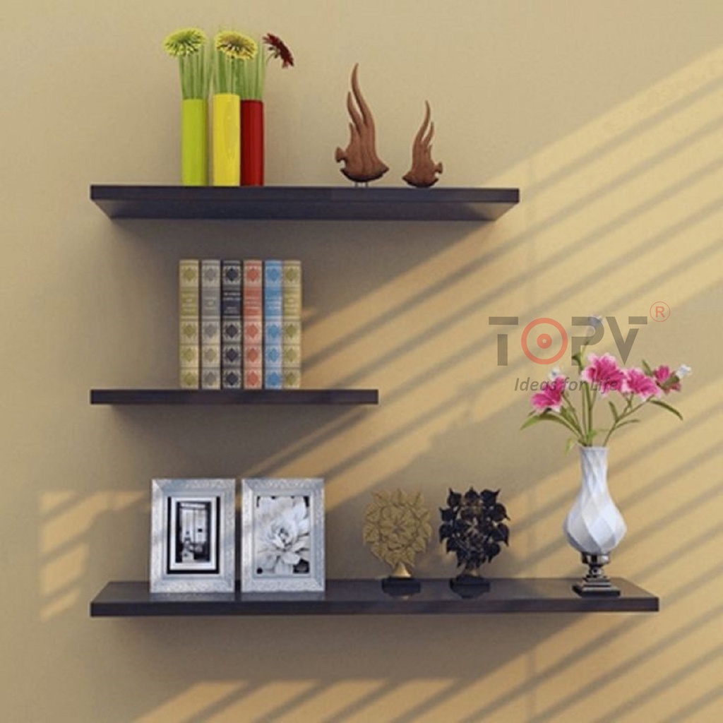 Bộ 3 kệ gỗ treo tường decor TopV giá trang trí bằng thanh gỗ ngang gắn tường mini phòng khách phòng ngủ đen TopVHCM