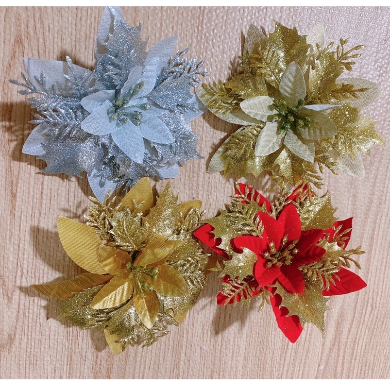 Hoa trạng nguyên vải lụa nhung size 14cm nhũ, kim tuyến trang trí vòng nguyệt quế, cây thông noel | Phụ kiện trang trí